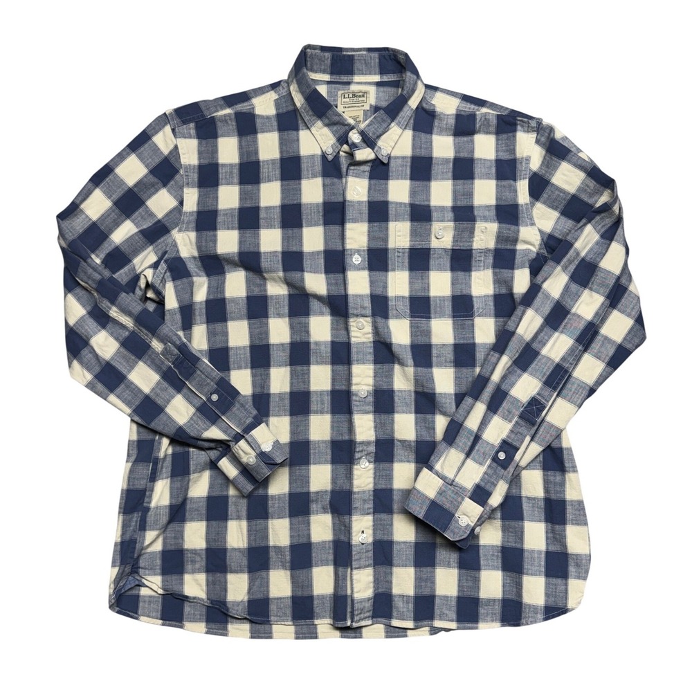 LL Bean Flannel Shirt L Blue White Buffalo Check Plaid Traditional Fit 515120‎
